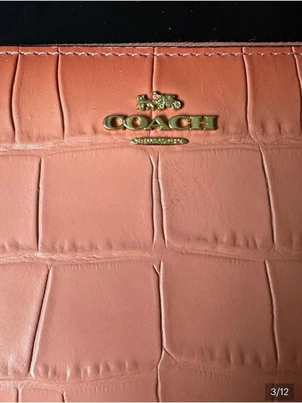 Coach Croc-Embossed Zip Wallet in Coral Peach with Gold Hardware
